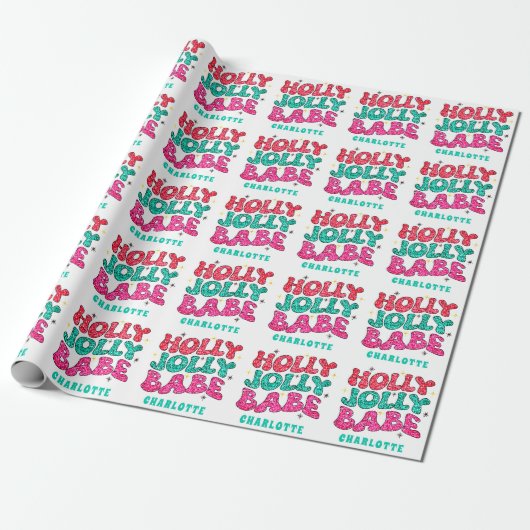 KerstHolly Jolly Babe Modern Glitter Name Cadeaupapier (Uitgerold)