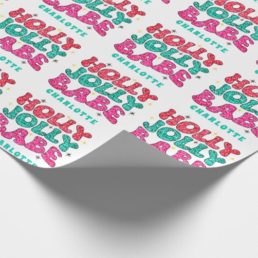 KerstHolly Jolly Babe Modern Glitter Name Cadeaupapier (Hoek)