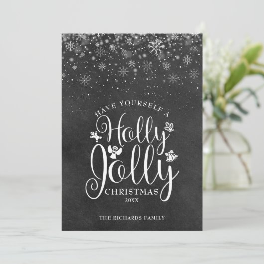 KerstHolly Jolly Elegant Script Chalkboard Feestdagenkaart (Staand voorkant)