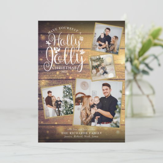 KerstHolly Jolly Foto Collage Rustic Wood Feestdagenkaart (Staand voorkant)