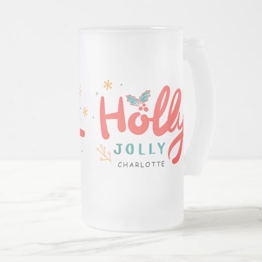 KerstHolly Jolly Fun Winter Persoonlijke naam Matglas Bierpul (Voorkant rechts)