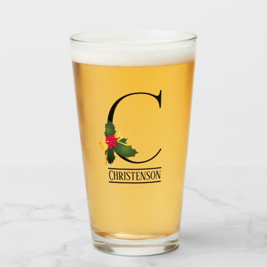 KerstHolly Monogram C Gepersonaliseerd bier Glas (Voorkant gevuld)