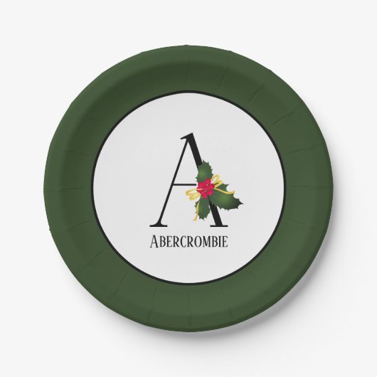 KerstHolly Monogram Initiaal A Papieren Bordje (Voorkant)