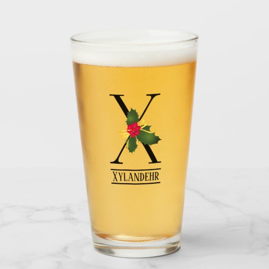 KerstHolly Monogram X Gepersonaliseerd bier Glas (Voorkant gevuld)