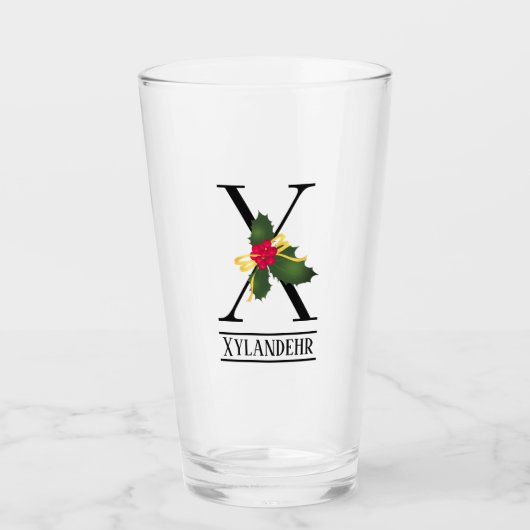 KerstHolly Monogram X Gepersonaliseerd bier Glas (Voorkant)