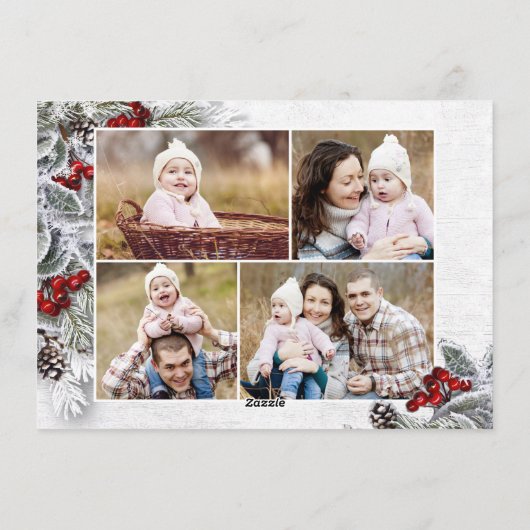 KerstHolly Pine Rustic 4 Fotogroet Feestdagenkaart (Achterkant)