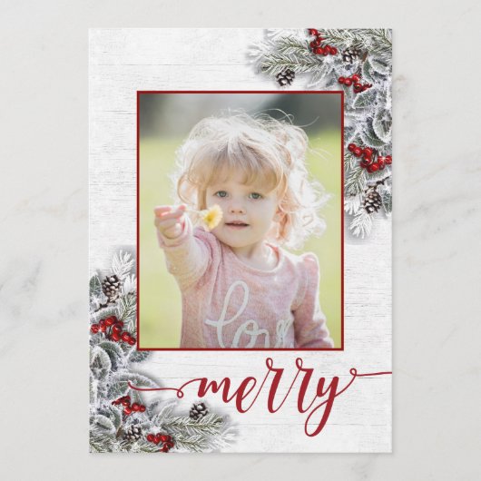 KerstHolly Pine Rustic Photo Holiday Card Feestdagenkaart (Voorkant)