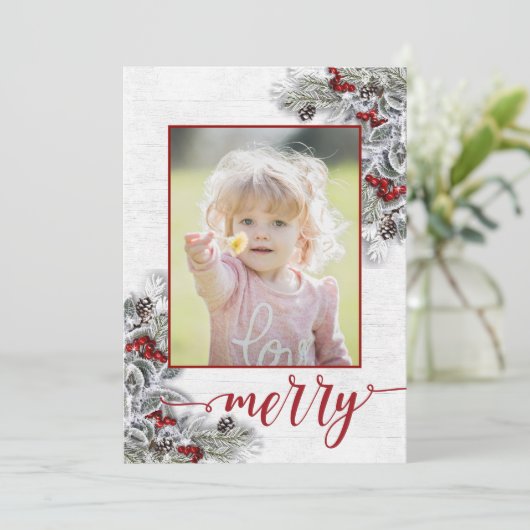 KerstHolly Pine Rustic Photo Holiday Card Feestdagenkaart (Staand voorkant)