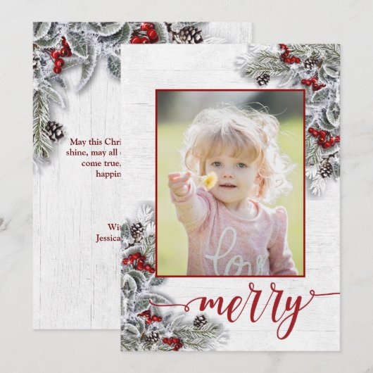 KerstHolly Pine Rustic Photo Holiday Card Feestdagenkaart (Voorkant / Achterkant)