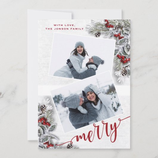 KerstHolly Pine Rustic Photo Holiday Card Feestdagenkaart (Voorkant)