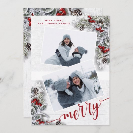 KerstHolly Pine Rustic Photo Holiday Card Feestdagenkaart (Voorkant / Achterkant)