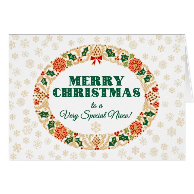 KerstHolly Wreath, voor Niece, Snowflakes (Voorkant Horizontaal)