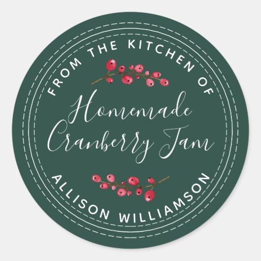 Kersthomemade Cranberry Jam Can Dark Green Ronde Sticker (Voorkant)