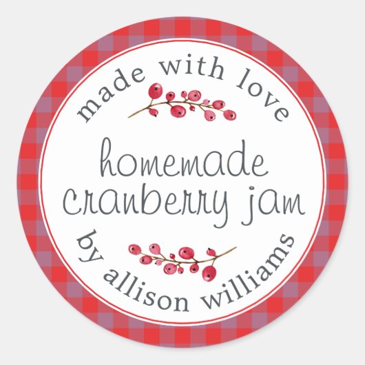 Kersthomemade Cranberry Jam Red Paarse Check Ronde Sticker (Voorkant)