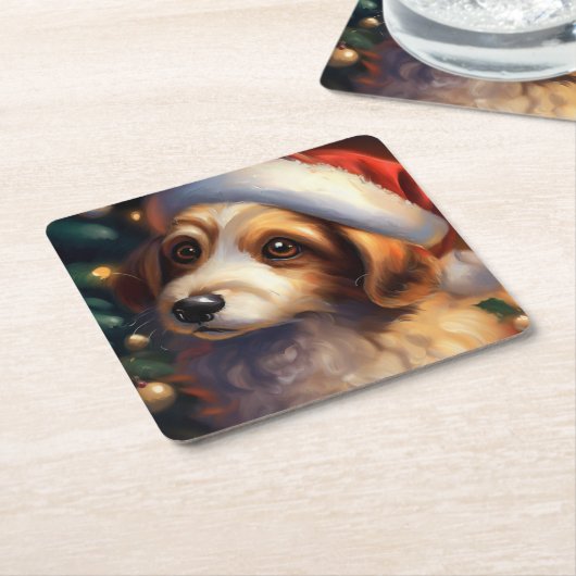 Kersthond 2 kartonnen onderzetters (Schuin)