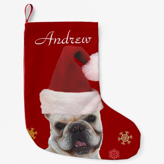 Kersthond Bulldog stocker Kleine Kerstsok (Voorkant)