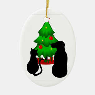 kersthond en kat-sierplant keramisch ornament