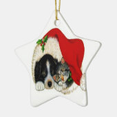 Kersthond en kat-sierplant keramisch ornament (Links)