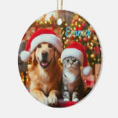 Kersthond en Kerstkat Kerstmis Keramisch Ornament (Links)