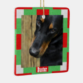 Kersthond foto naam rood groen vierkant keramisch ornament (Rechts)