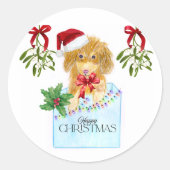 Kersthond in een blauwe doos ronde sticker (Voorkant)