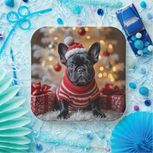 kersthond met kerstmanshat papieren bordje (Feest)