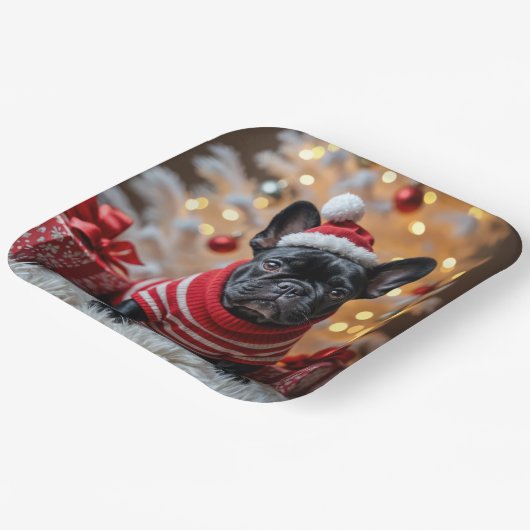 kersthond met kerstmanshat papieren bordje (Gebogen)