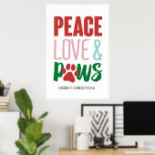 Kersthond Puns Santa Dogs Peace Love and Paws Poster (Thuiskantoor)
