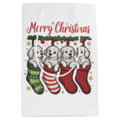 Kersthond Schattige Puppies in Sokken Retro Kerstm Medium Cadeauzakje (Voorkant)