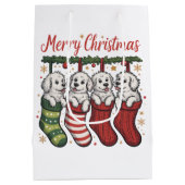 Kersthond Schattige Puppies in Sokken Retro Kerstm Medium Cadeauzakje (Achterkant)