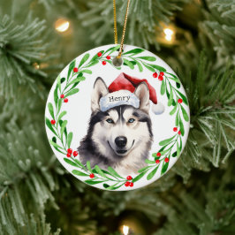 Kersthond Siberische Husky Santa Hat Vakantie Keramisch Ornament
