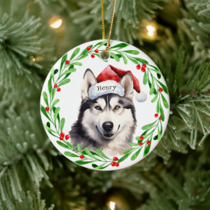 Kersthond Siberische Husky Santa Hat Vakantie Keramisch Ornament