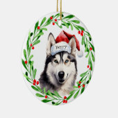 Kersthond Siberische Husky Santa Hat Vakantie Keramisch Ornament (Rechts)