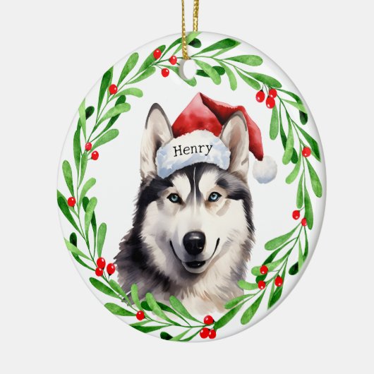 Kersthond Siberische Husky Santa Hat Vakantie Keramisch Ornament (Links)