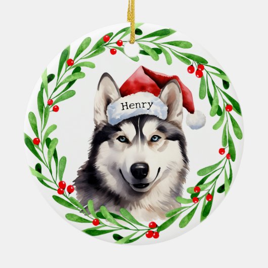 Kersthond Siberische Husky Santa Hat Vakantie Keramisch Ornament (Achterkant)