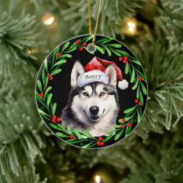 Kersthond Siberische Husky Santa Hat Vakantie Keramisch Ornament
