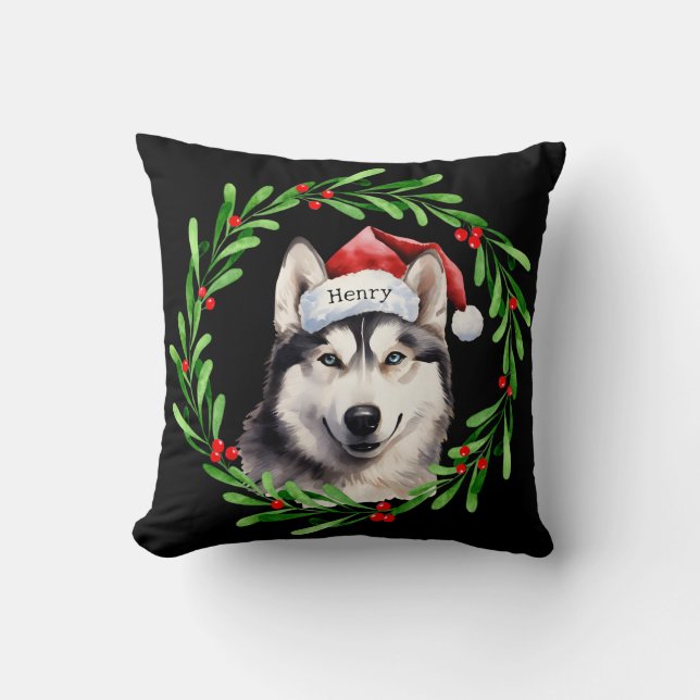 Kersthond Siberische Husky Santa Hat Vakantie Kussen (Voorkant)