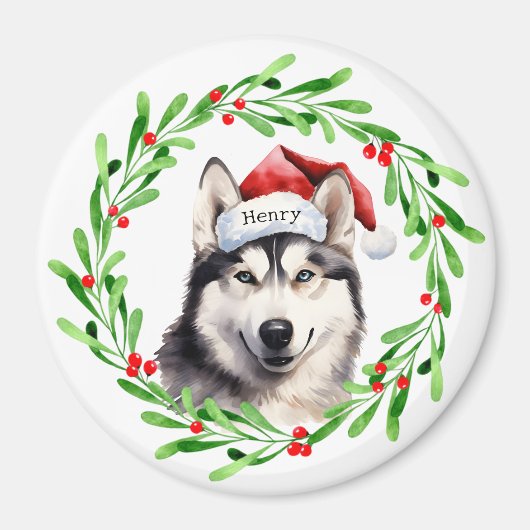 Kersthond Siberische Husky Santa Hat Vakantie Magneet (Voorkant)