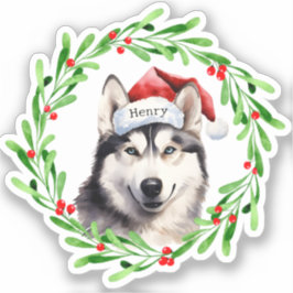 Kersthond Siberische Husky Santa Hat Vakantie Sticker