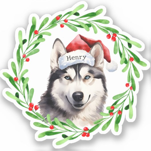 Kersthond Siberische Husky Santa Hat Vakantie Sticker (Voorkant)