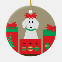 Kersthond uit het midden van de eeuw in een doos keramisch ornament