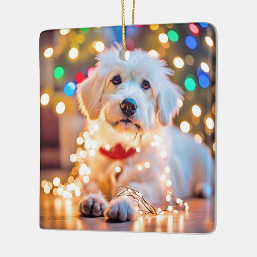 Kersthond verstrikt in lichten keramisch ornament (Links)