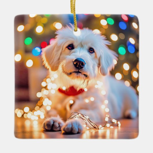 Kersthond verstrikt in lichten keramisch ornament (Voorkant)