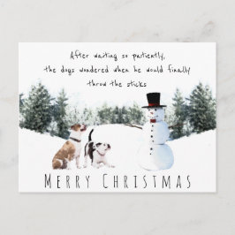 Kersthonden die wachten op een stok van een sneeuw briefkaart