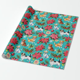 Kersthonden en poinsettia's cadeaupapier