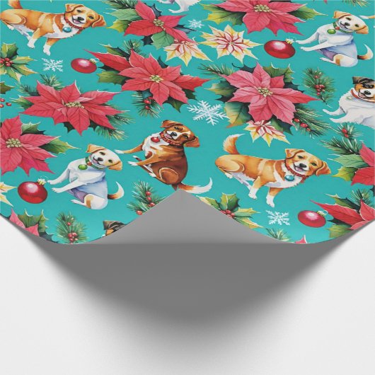 Kersthonden en poinsettia's cadeaupapier (Hoek)