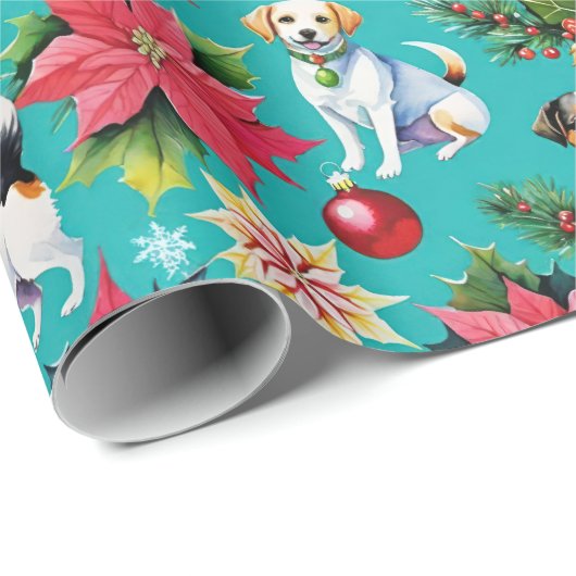 Kersthonden en poinsettia's cadeaupapier (Rol Hoek)