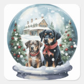 Kersthonden in een sneeuwbol vierkante sticker (Voorkant)