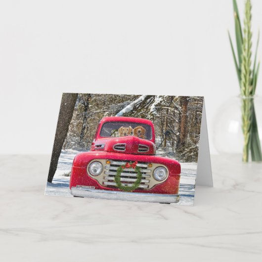 Kersthonden in oude vrachtwagen feestdagen kaart (Voorkant)