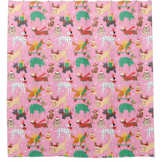 Kersthonden in vakantie outfits patroon douchegordijn (Voorkant)